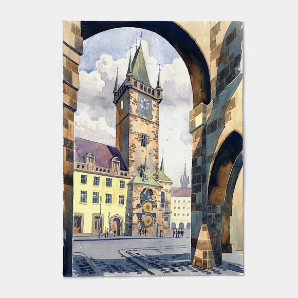 Prague Astronomical Clock Watercolor Painting
